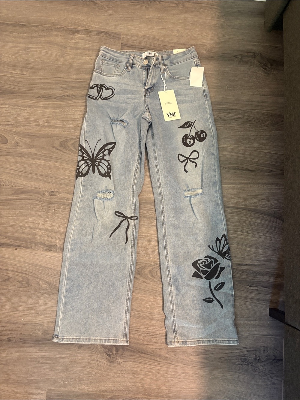 YMI Light Blue Straight Leg Jeans with Black Graphic Prints